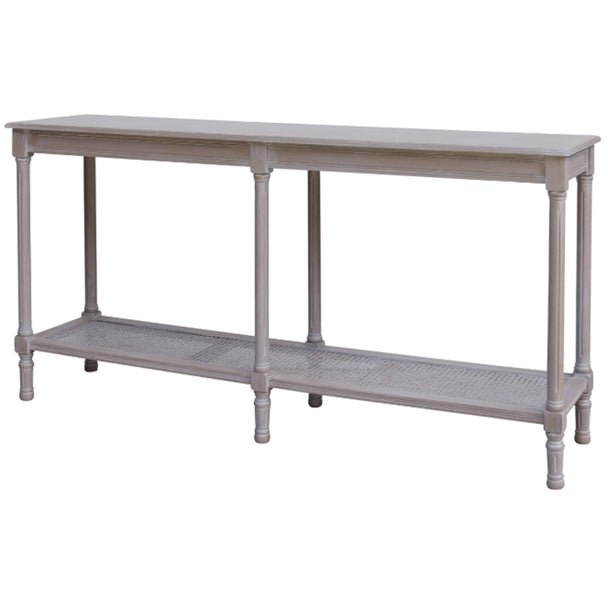 Serene large grey console table with rattan shelf on white