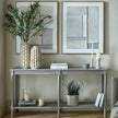 Large grey console table styled with plants and wall art