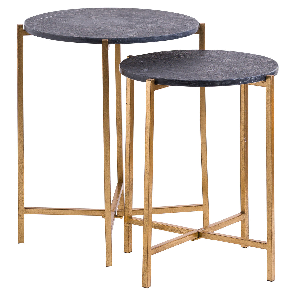 two round black marble and gold nesting side tables