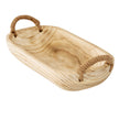 Close view of a deep wooden tray and its rope handle