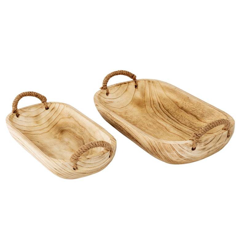 Two carved wooden trays side by side