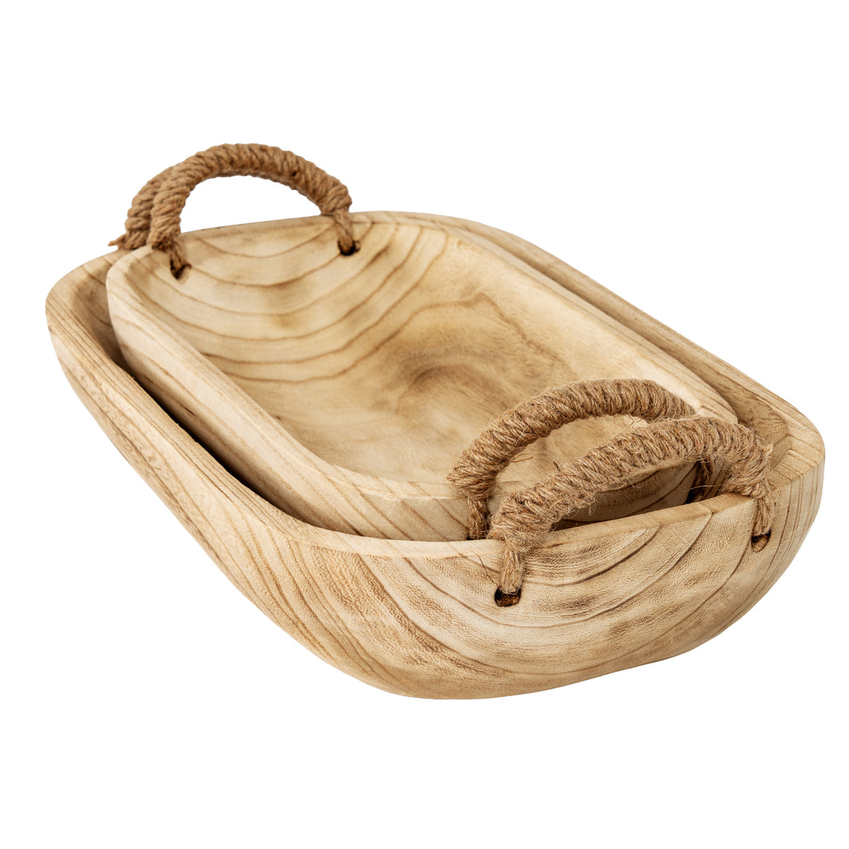 Two deep wooden trays with rope handles, nested