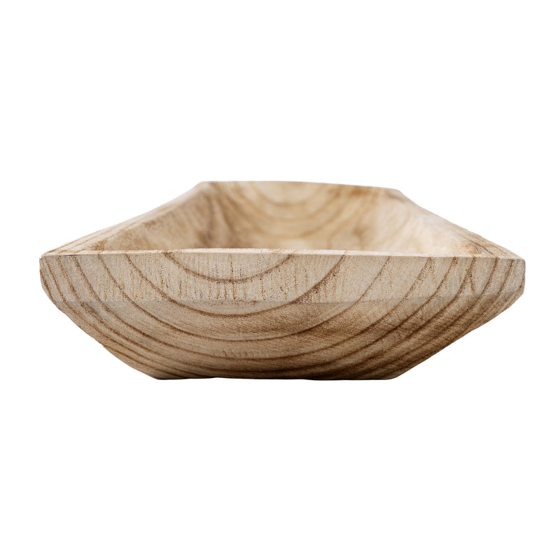 End view of a carved wooden tray showing the hollowed centre