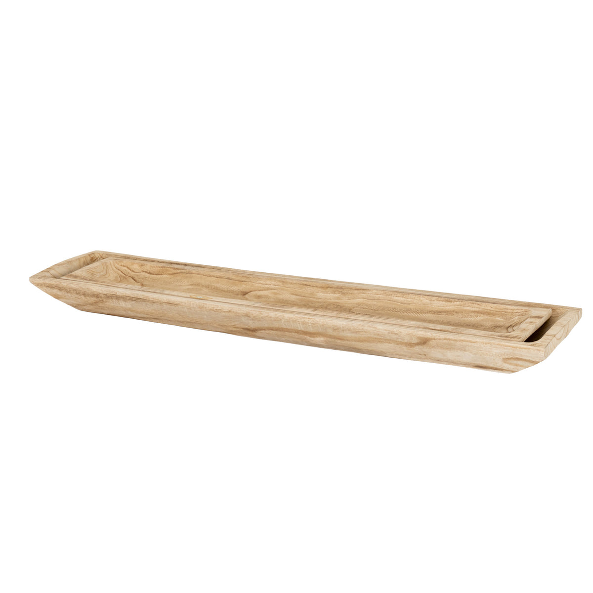 Long carved wooden tray on a white background