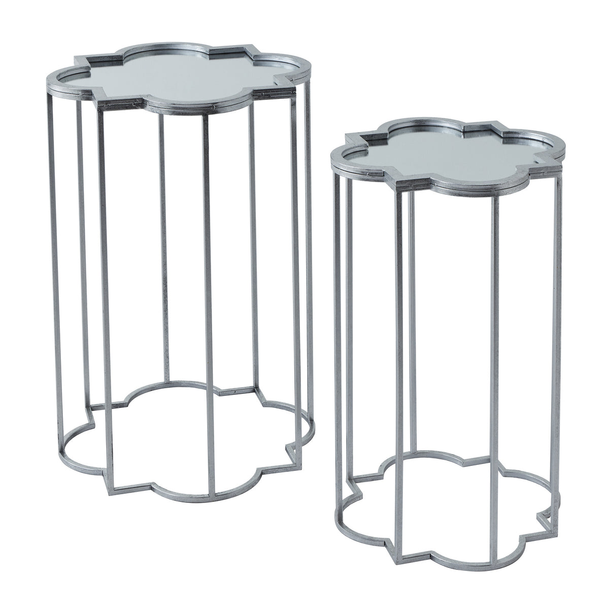 two quatrefoil mirrored side tables side by side