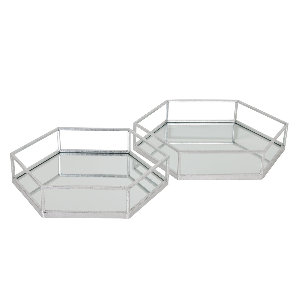Two silver hexagon mirrored trays on a white background