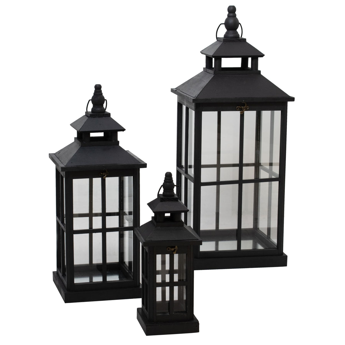 Set of 3 black window-style lanterns in three sizes
