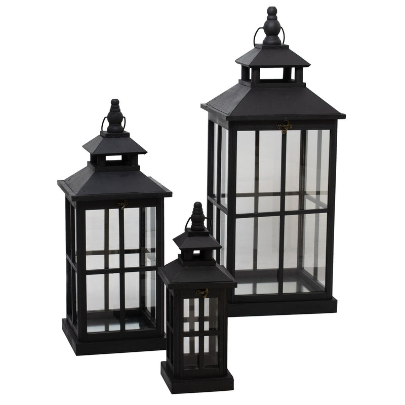 Set of 3 black window-style lanterns in three sizes