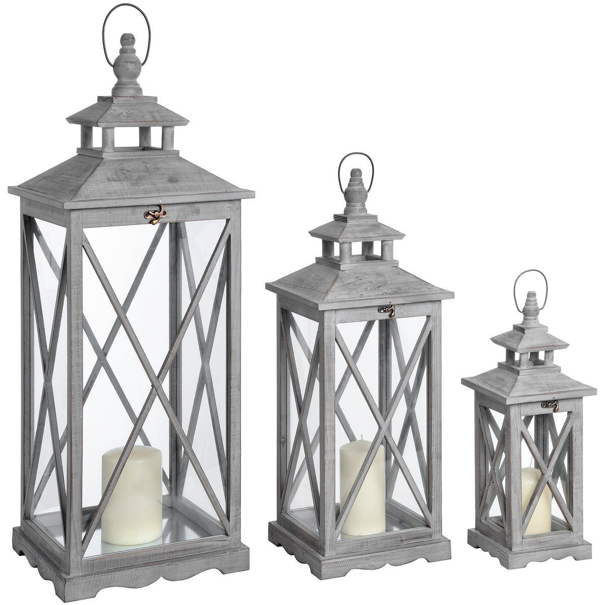 Set of 3 grey-washed wooden lanterns with LED candles inside