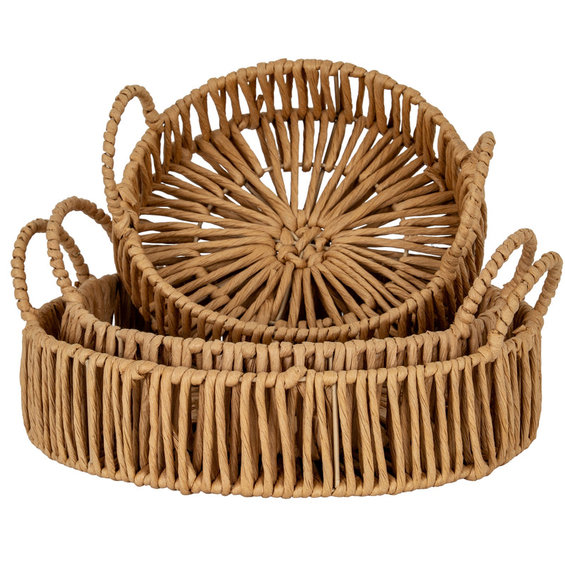 Set of three round wicker trays with loop handles, nested