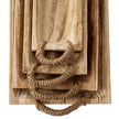 Stacked wooden trays from above showing the rope handles