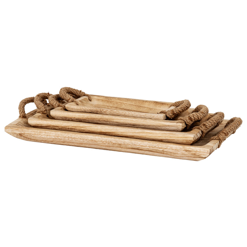 Set of four wooden trays with rope handles, stacked
