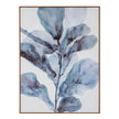 Sevra blue leaf hand-painted canvas in a slim wood-tone frame, front view