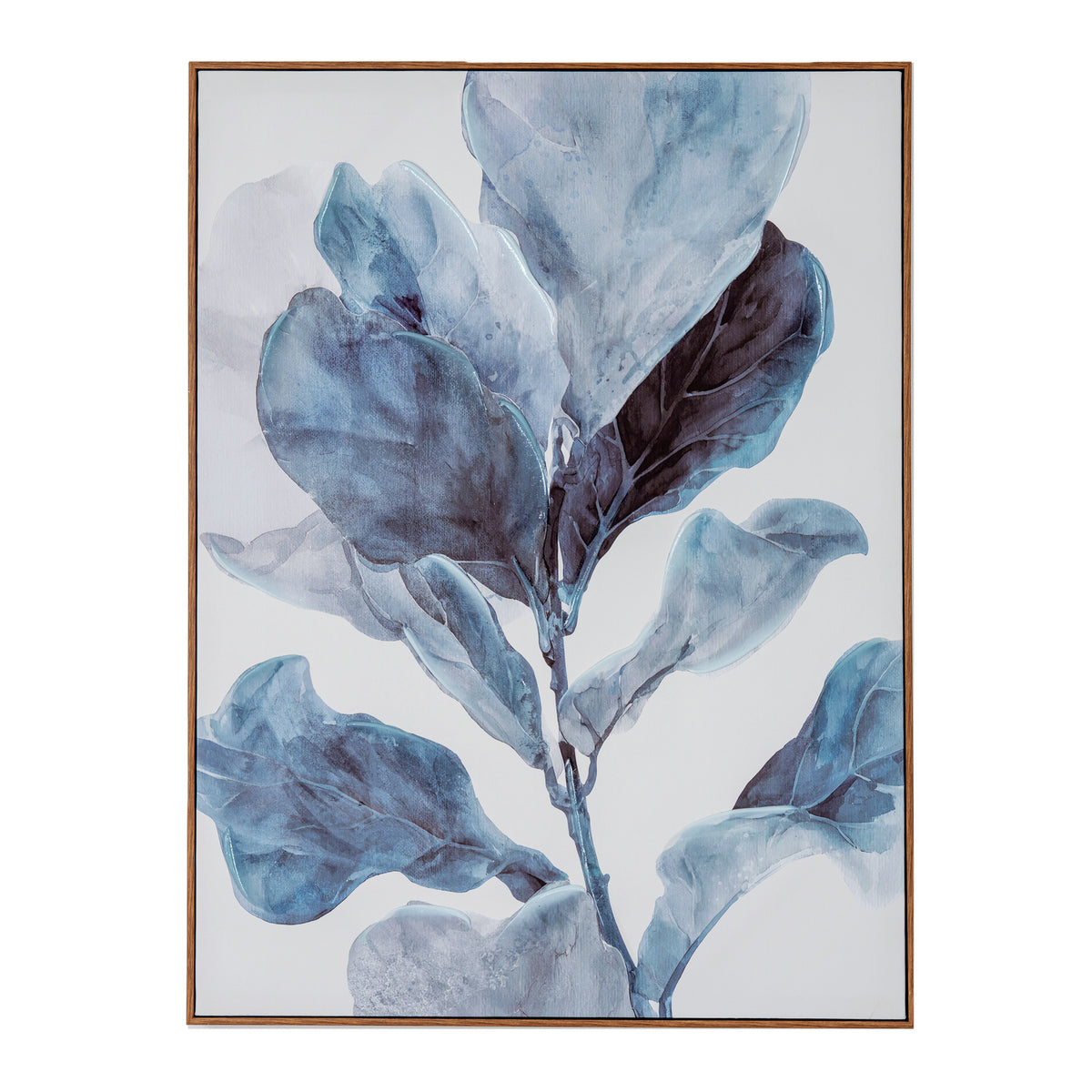 Silva blue leaf hand-painted canvas in a slim wood-tone frame, front view