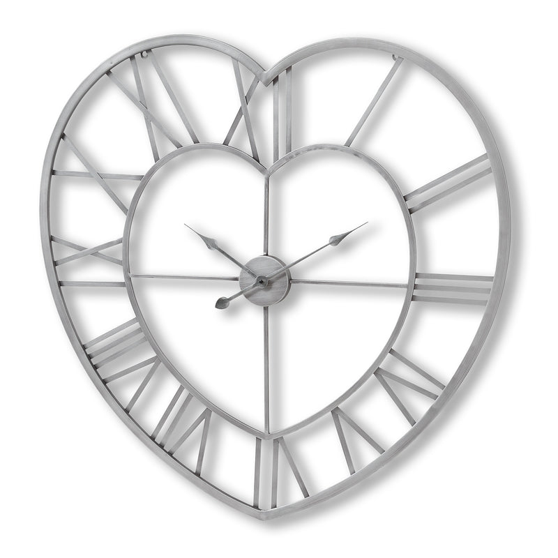 Silver heart-shaped skeleton wall clock, front view