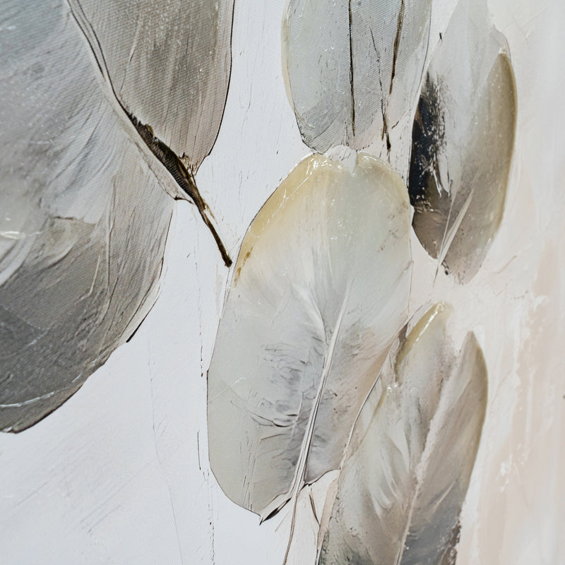 Close-up of the textured silver-grey and champagne leaves