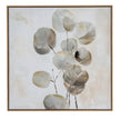 Silvra hand-painted silver leaf canvas in a light wood-tone frame, front view