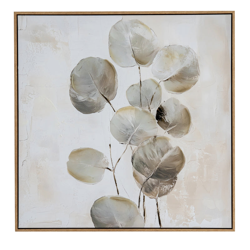 Silvra hand-painted silver leaf canvas in a light wood-tone frame, front view