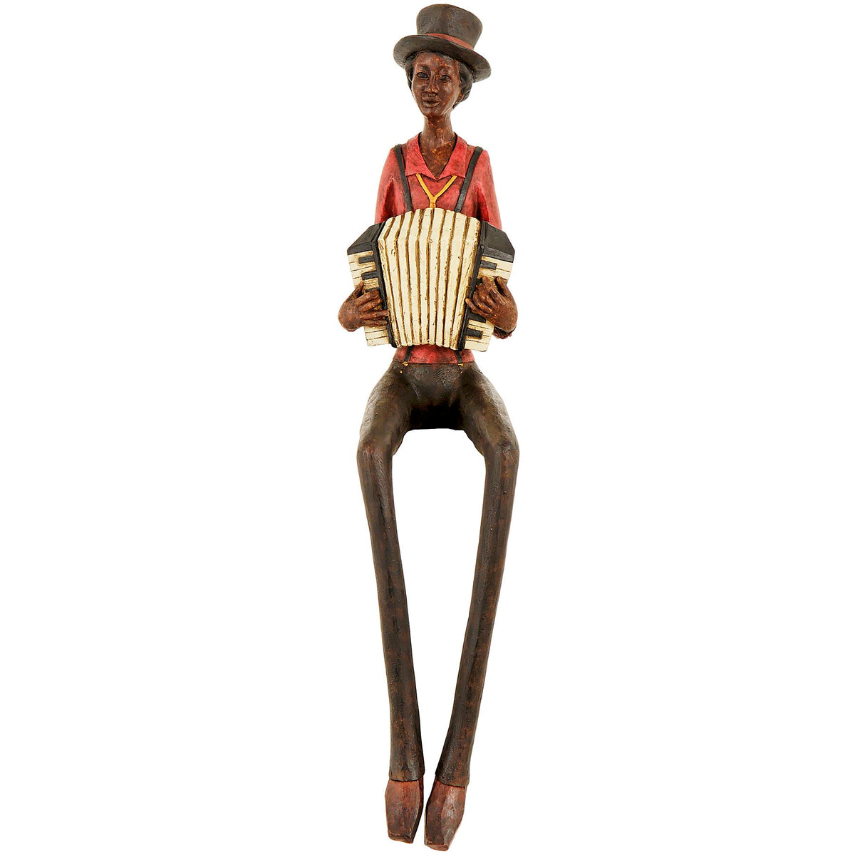 Sitting jazz accordion player figurine in a red shirt on white
