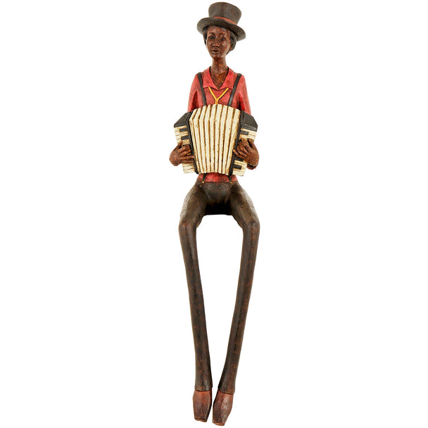 Sitting jazz accordion player figurine in a red shirt on white