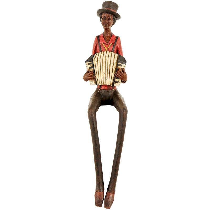 Sitting jazz accordion player figurine in a red shirt on white
