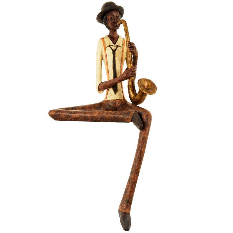 Sitting jazz saxophonist figurine in a cream jacket on white