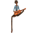 Sitting jazz string player figurine in a blue shirt on white