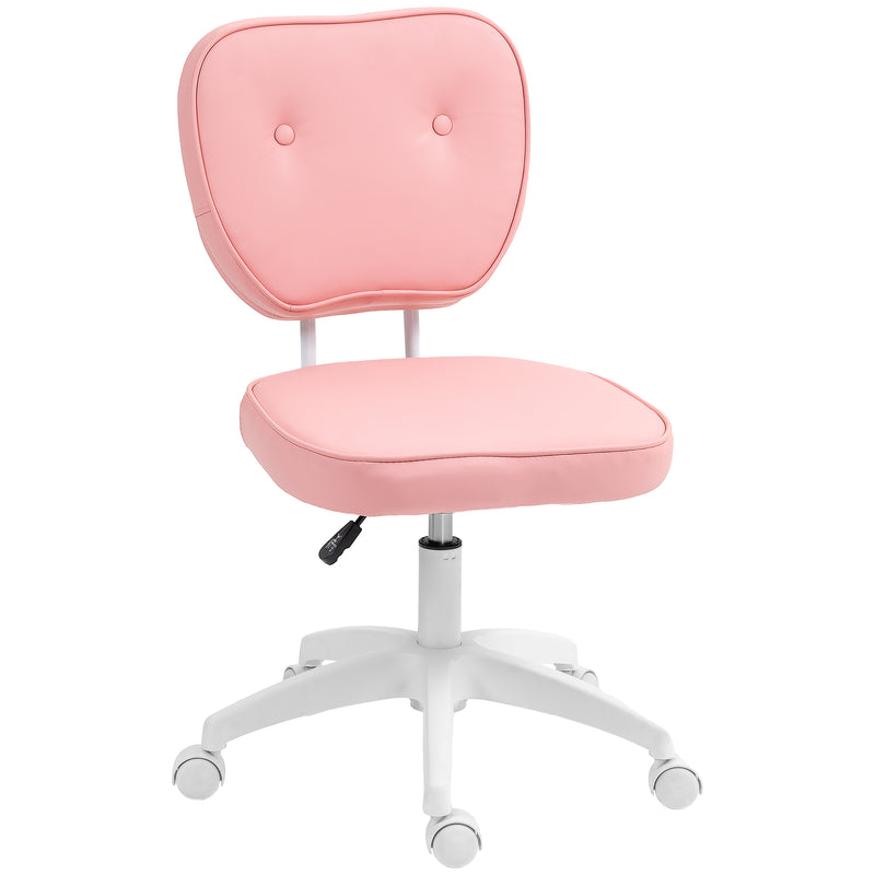 Pink faux leather armless vanity desk chair with curved padded back and swivel wheels