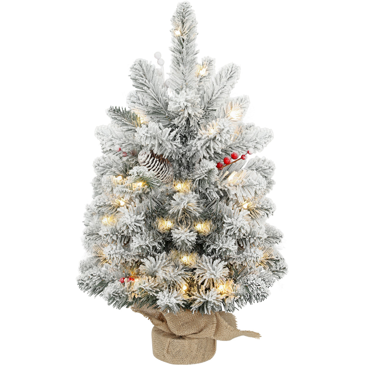 60 cm snowy pre-lit tabletop Christmas tree with pine cones, berries and a linen-look base