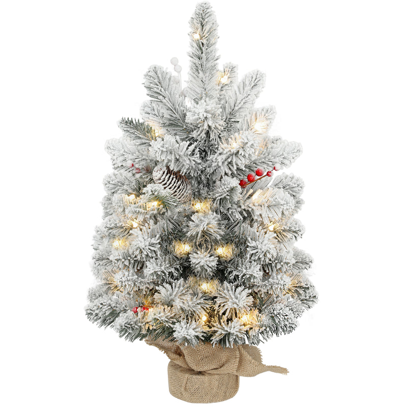 60 cm snowy pre-lit tabletop Christmas tree with pine cones, berries and a linen-look base