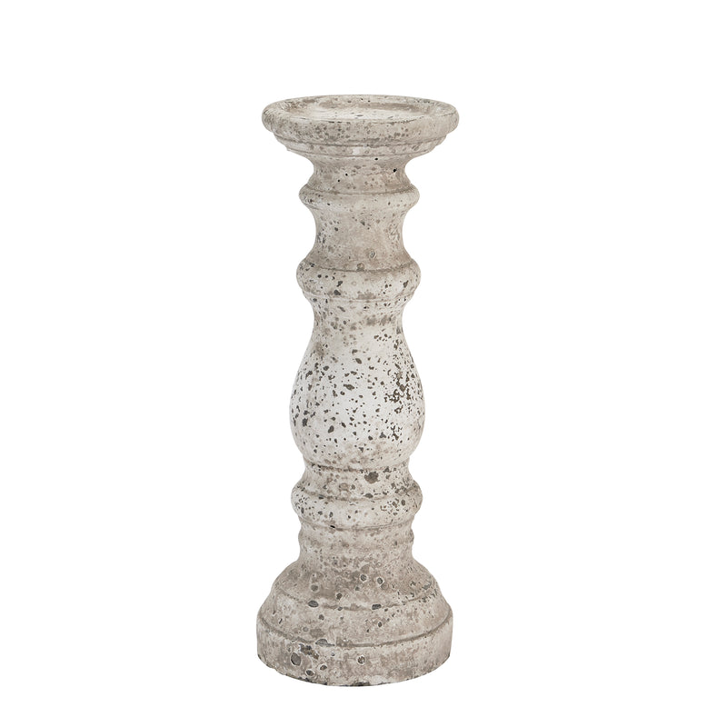 Slim stone-effect ceramic column candle holder, front view