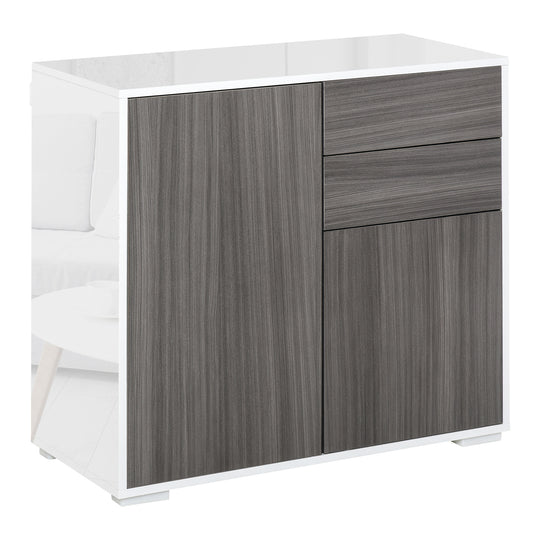Grey and white push-open sideboard with two drawers, two cupboards and high gloss frame