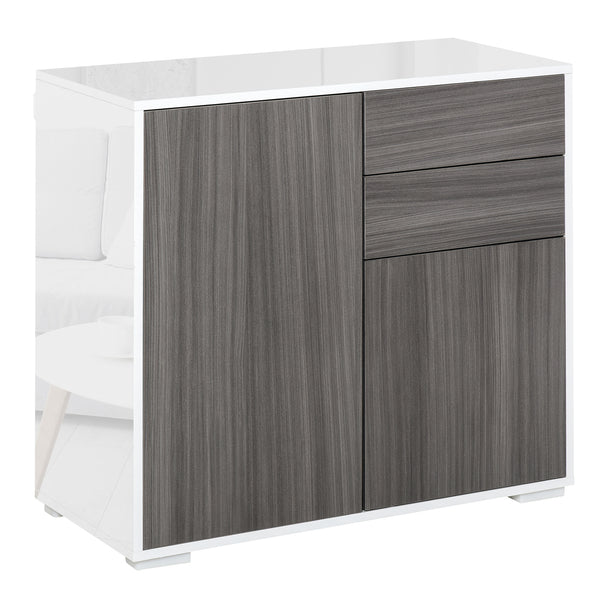Grey and white push-open sideboard with two drawers, two cupboards and high gloss frame