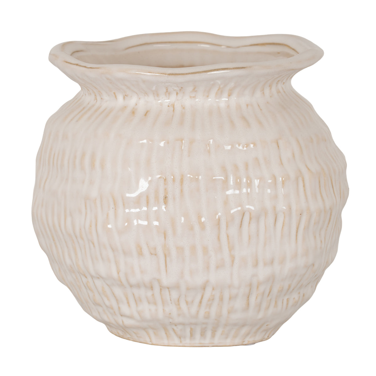 Small cream ceramic round vase with wavy rim
