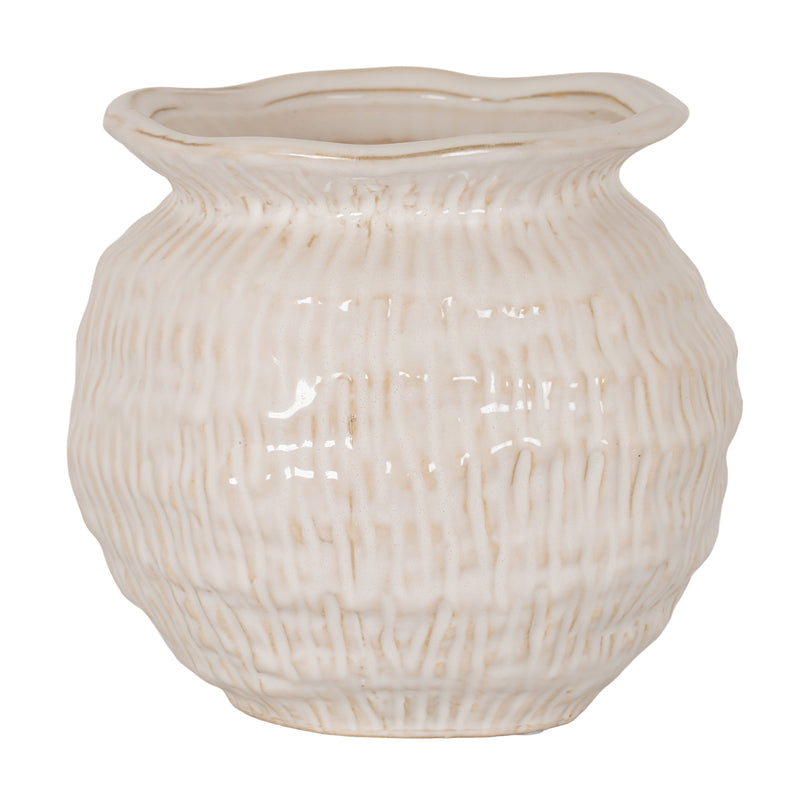 Small cream ceramic round vase with wavy rim