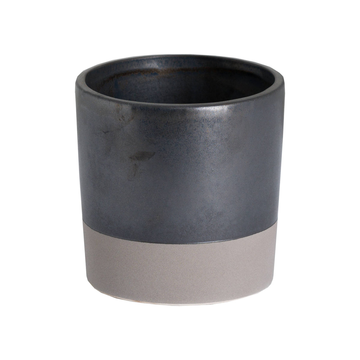 Small metallic grey ceramic planter with stone-coloured base band