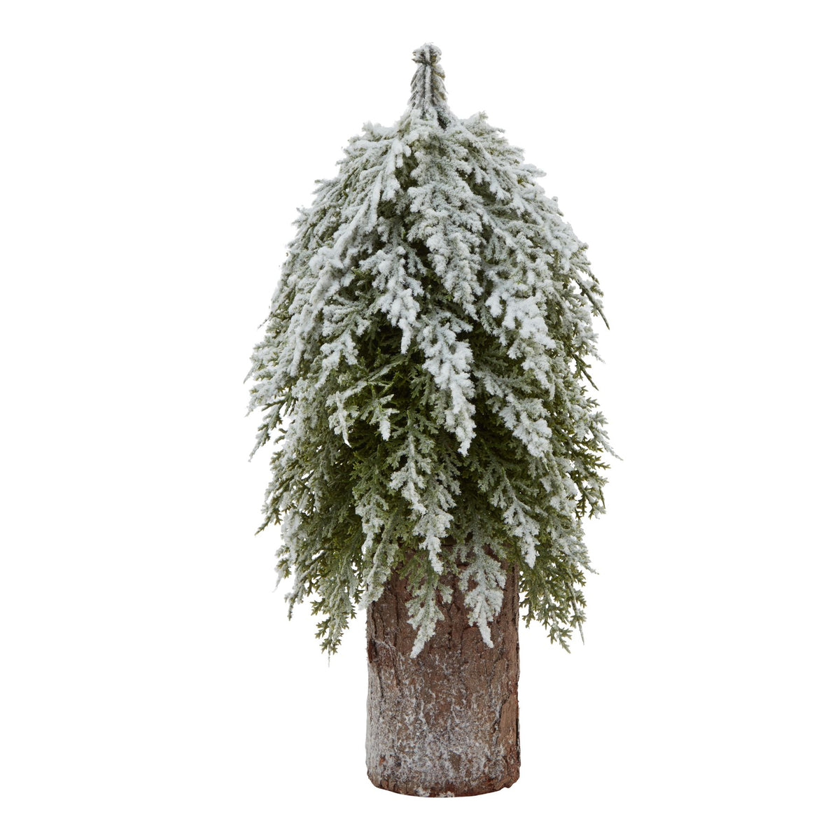 Small snowy fir tree on a tall wood log, front view