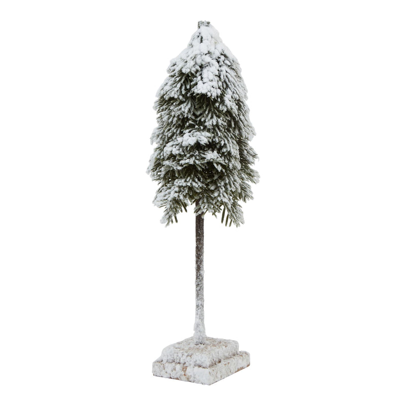 Snowy cedar tree on a wooden block base on white