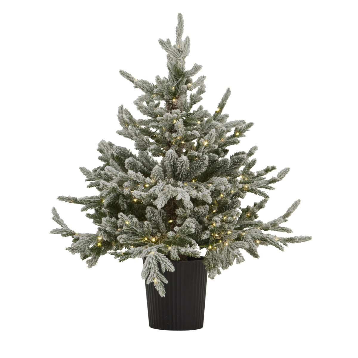 90cm snowy fir tree in a black pot, lights on