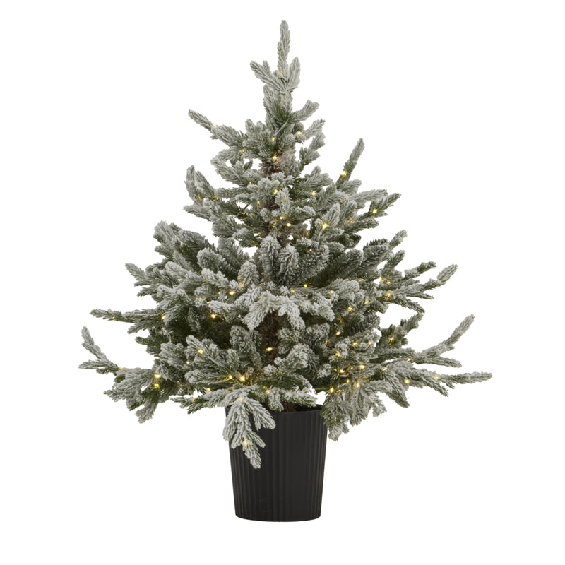 90cm snowy fir tree in a black pot, lights on