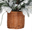 woven rattan pot below the snowy branches