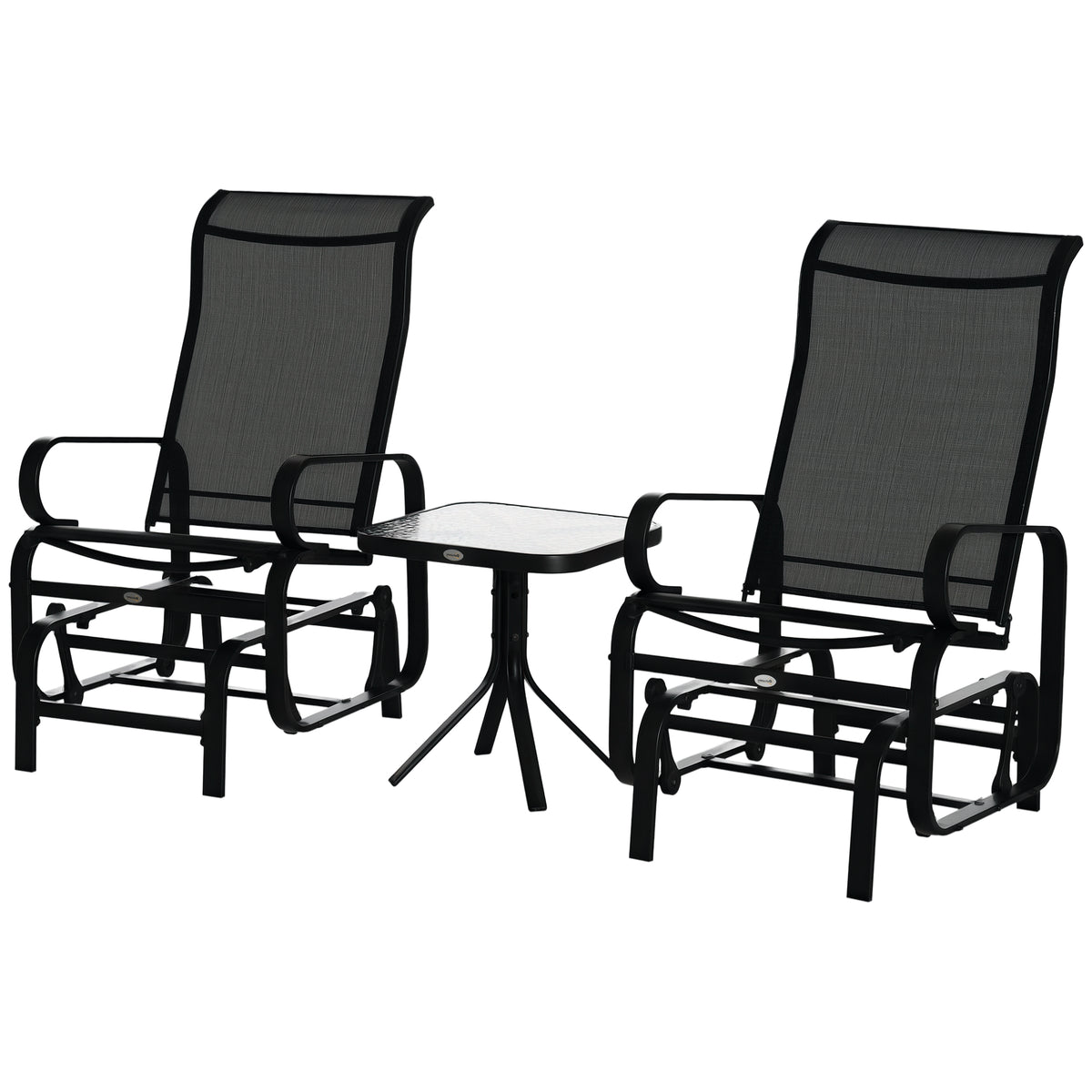 Outsunny 3 Pieces Garden Gliding Chair Set, Metal Frame 2 Single Armchair Swing Seater and 1 Glass Top Coffee Table w/