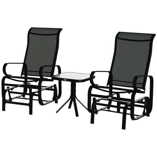 Outsunny 3 Pieces Garden Gliding Chair Set, Metal Frame 2 Single Armchair Swing Seater and 1 Glass Top Coffee Table w/