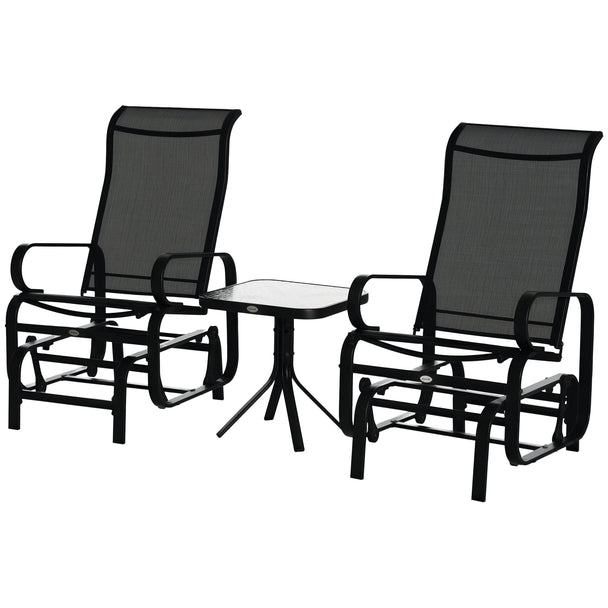 Outsunny 3 Pieces Garden Gliding Chair Set, Metal Frame 2 Single Armchair Swing Seater and 1 Glass Top Coffee Table w/
