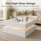 LED Coffee Table with Storage, 2-Tier Modern Centre Table with Open Shelf and Remote for Living Room, High Gloss White