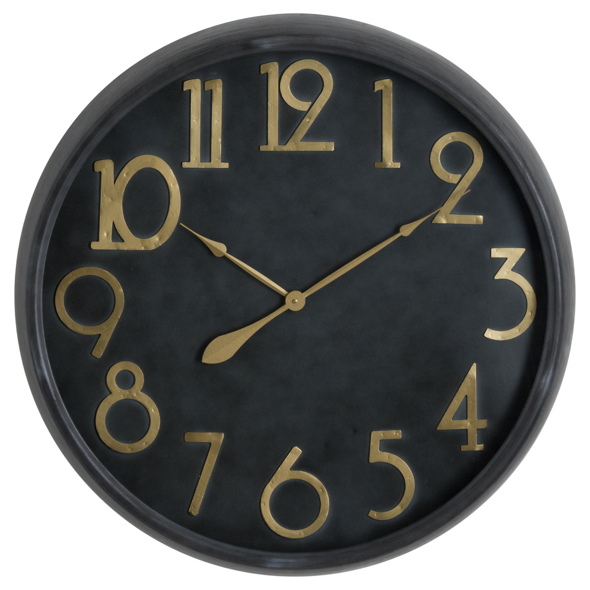 Soho black wall clock with brass numerals, front view