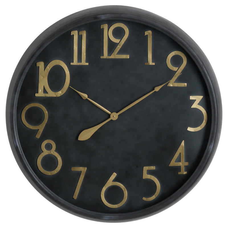 Soho black wall clock with brass numerals, front view