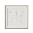 Solli three white feathers art in a beaded wood-tone frame, front view