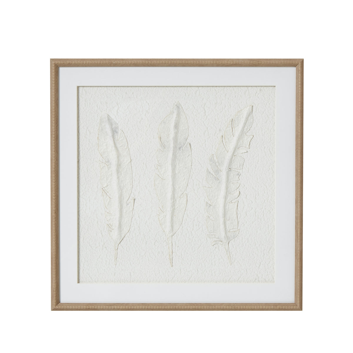 Solli three white feathers art in a beaded wood-tone frame, front view