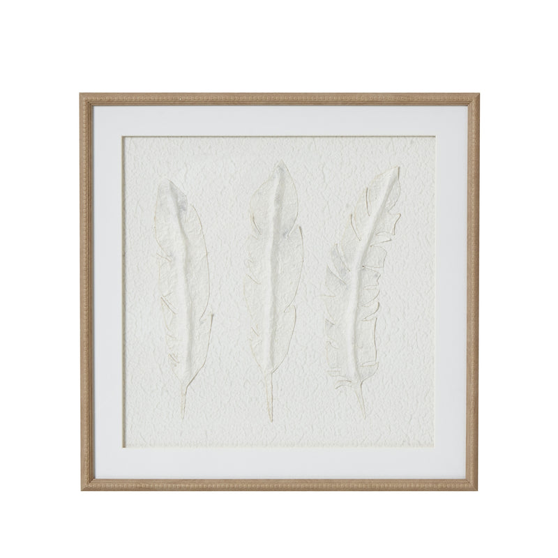 Solli three white feathers art in a beaded wood-tone frame, front view